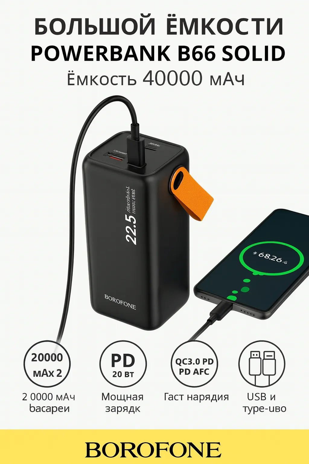 power bank 40'000 Borofone BJ66 22.5W PD30W с ручкой