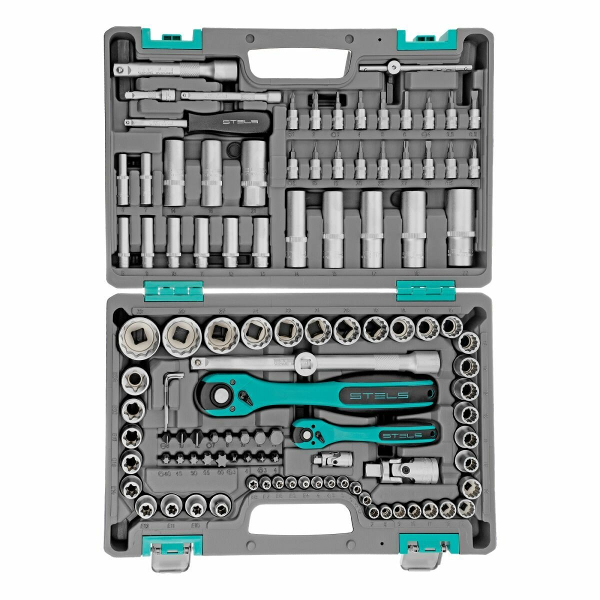 Набор инструментов 1/2", 1/4", CrV, 12 гранные головки, пластиковый кейс, 109 предмета// Stels Набор