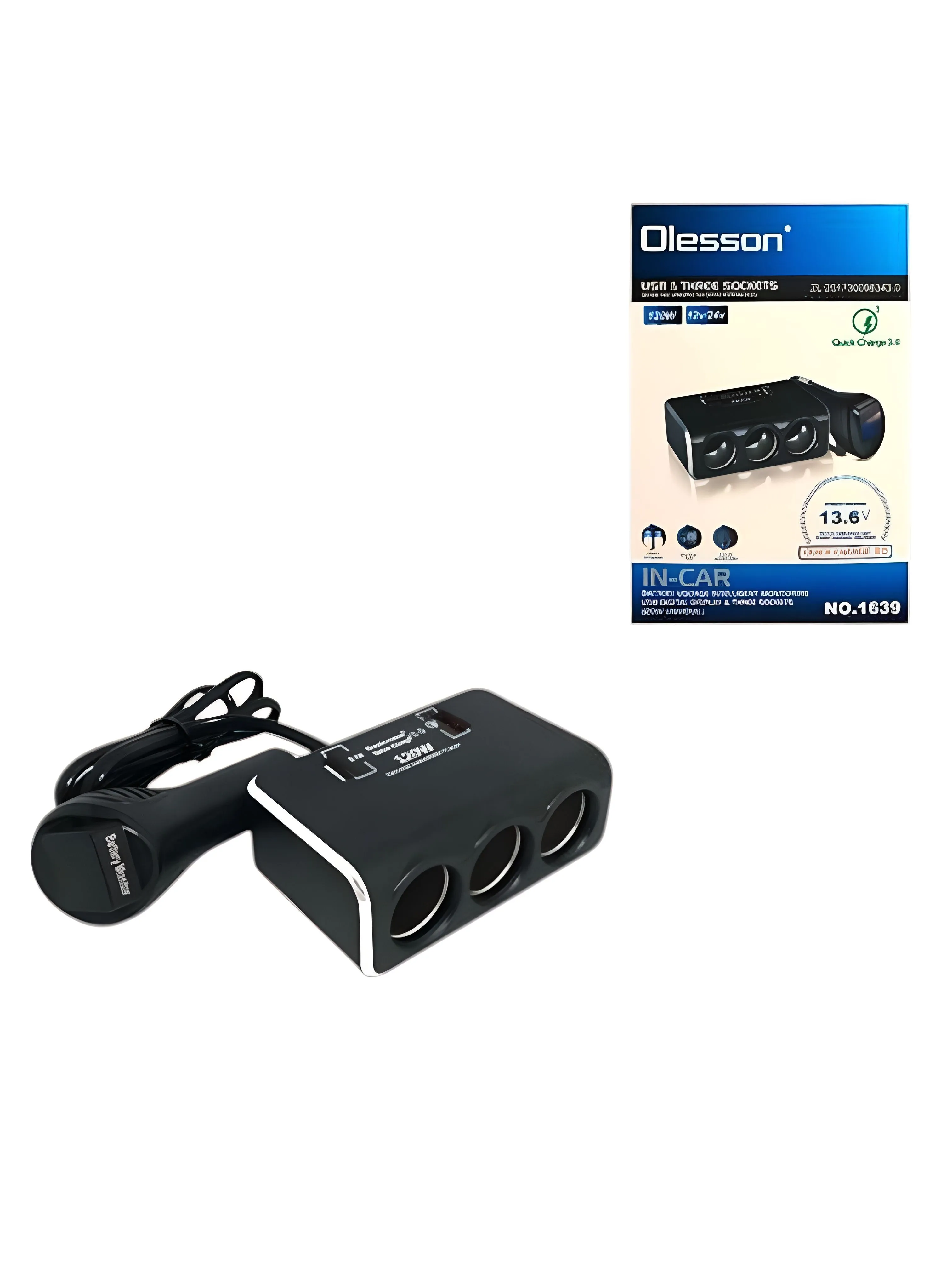 Разветвитель прикуривателя Olesson 1639 3гнезда+2USB (упак60)