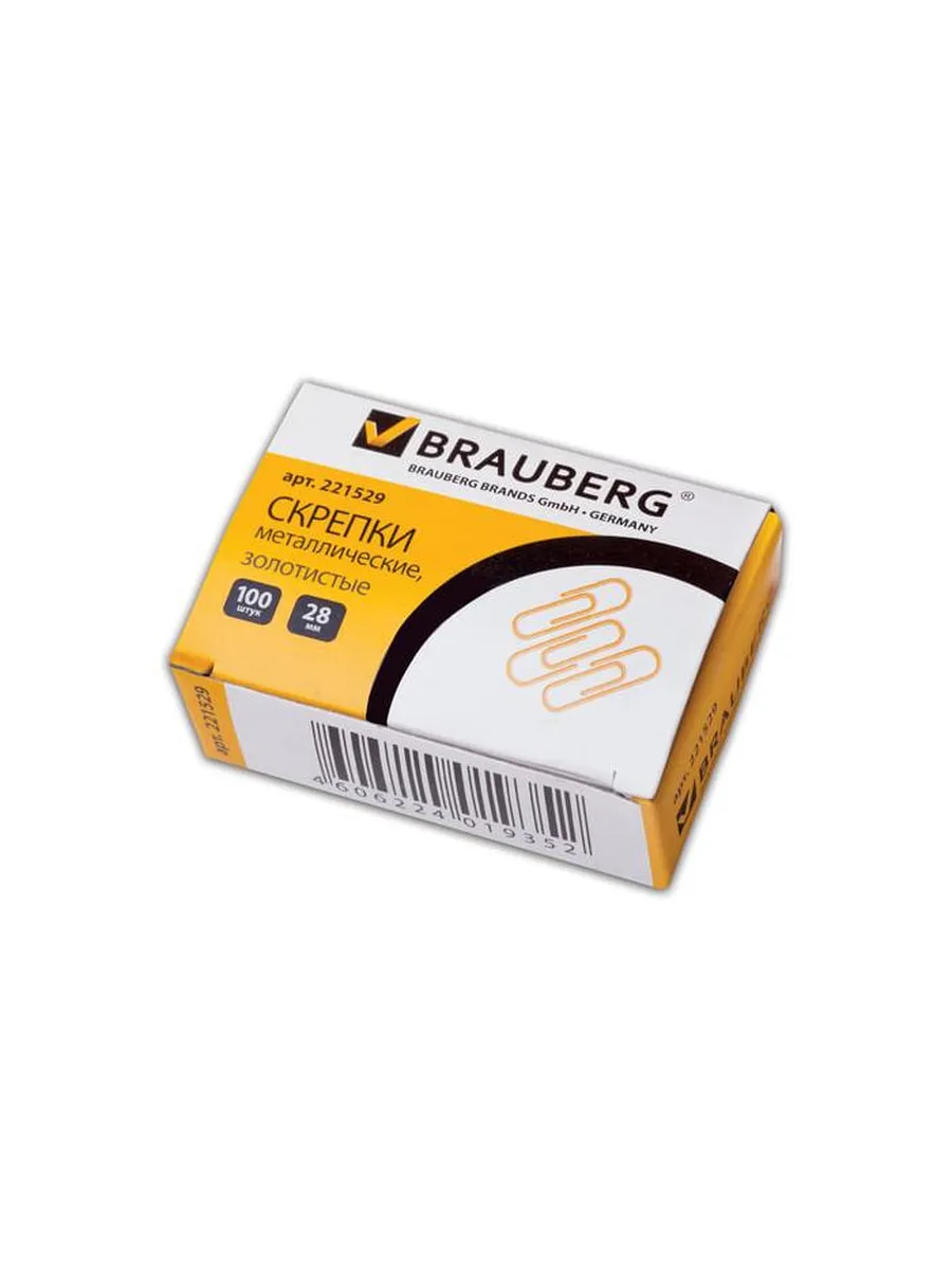 Скрепки 28 мм, BRAUBERG золотые, (100 шт/уп), 221529