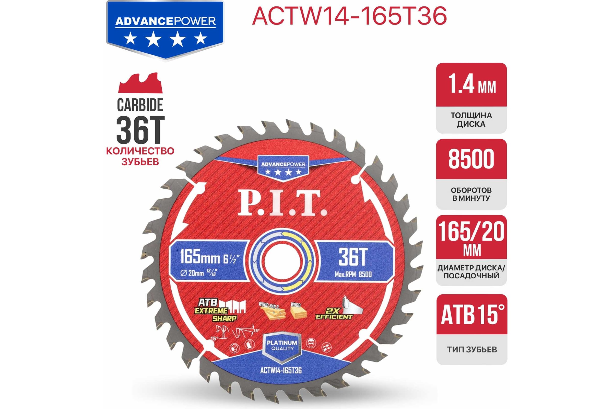 Диск пильный по дереву P.I.T. ADVANCE 165*20*1.4 мм 36Т