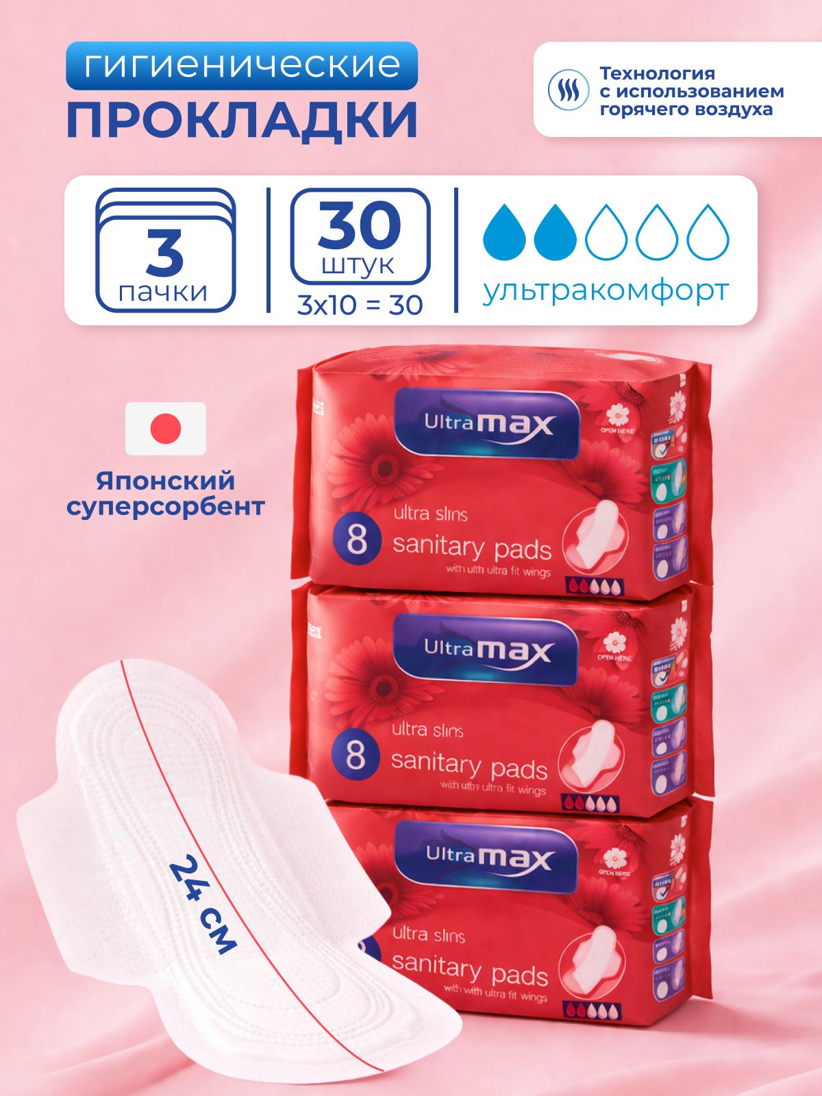 Прокладки ЕЖЕДНЕВНЫЕ УЛЬТРАТОНКИЕ "UltraMAX" (30 шт/упак) 4 капли / размер 150 мл / с крылышками / б