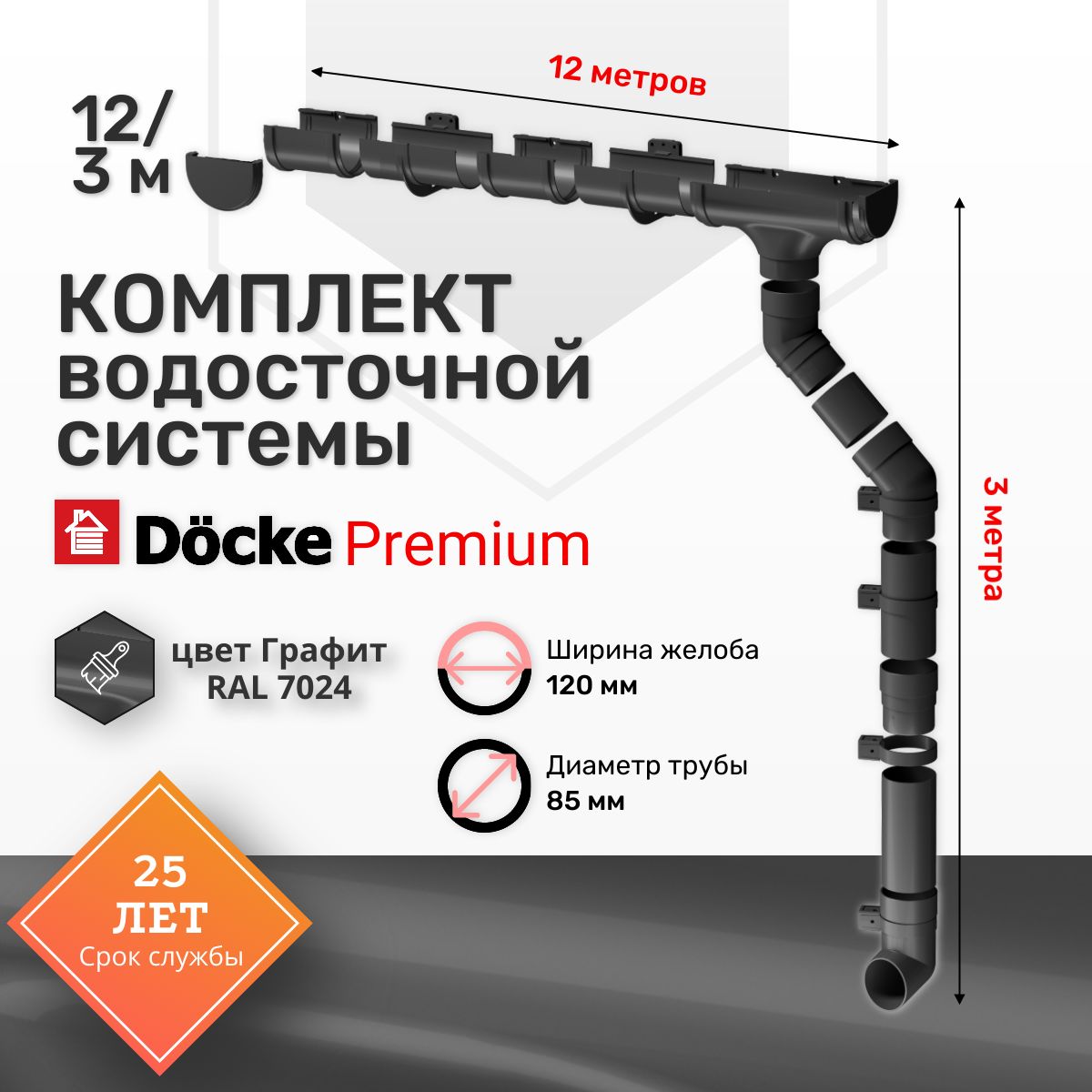 Docke PREMIUM Желоб водосточный 3м (графит), арт. PVSZ-1086