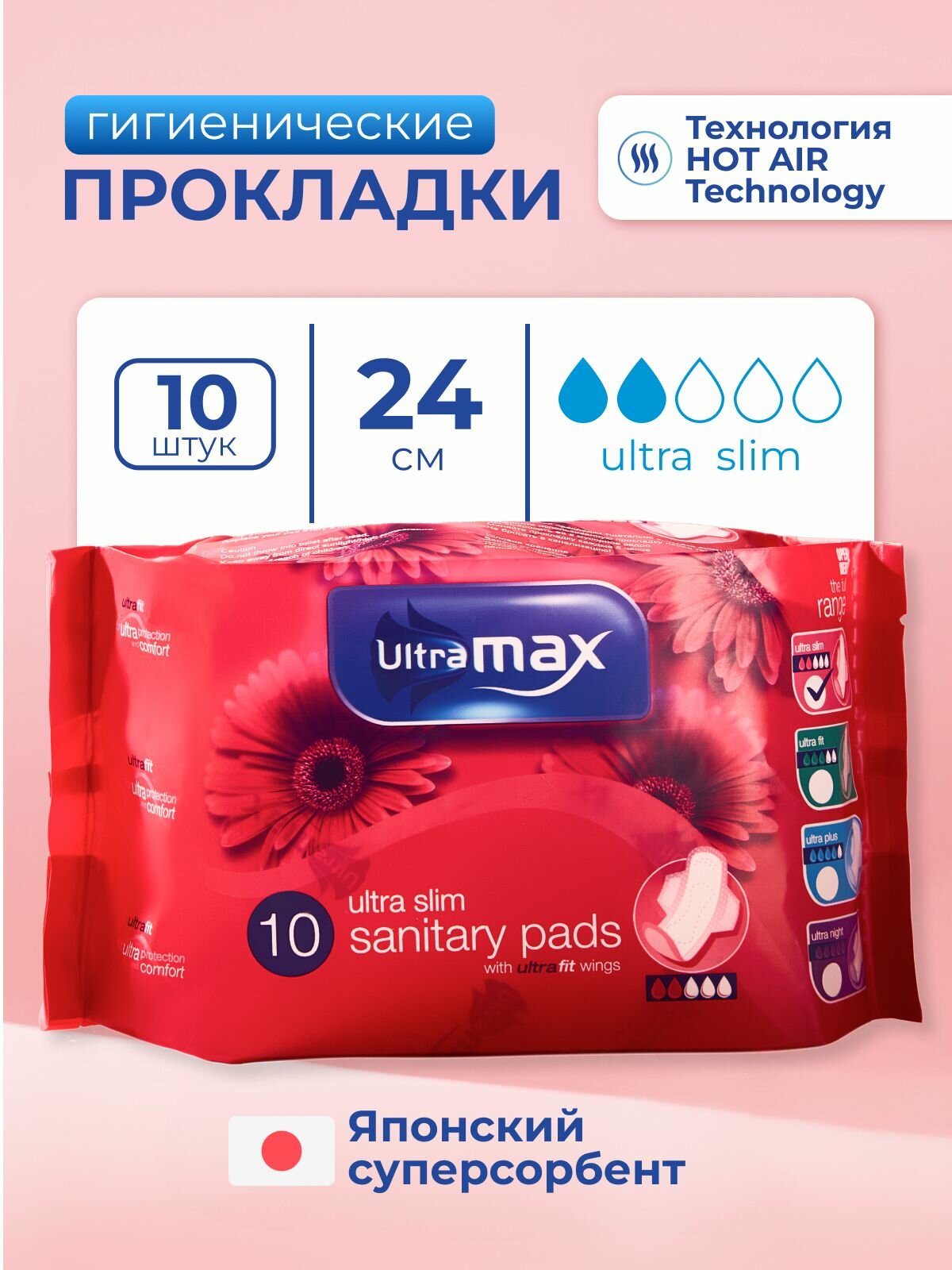 Прокладки УЛЬТРАТОНКИЕ женские "UltraMAX" (10 шт/упак) 2 капли / Ultra Slim / размер 240 мл / с крыл