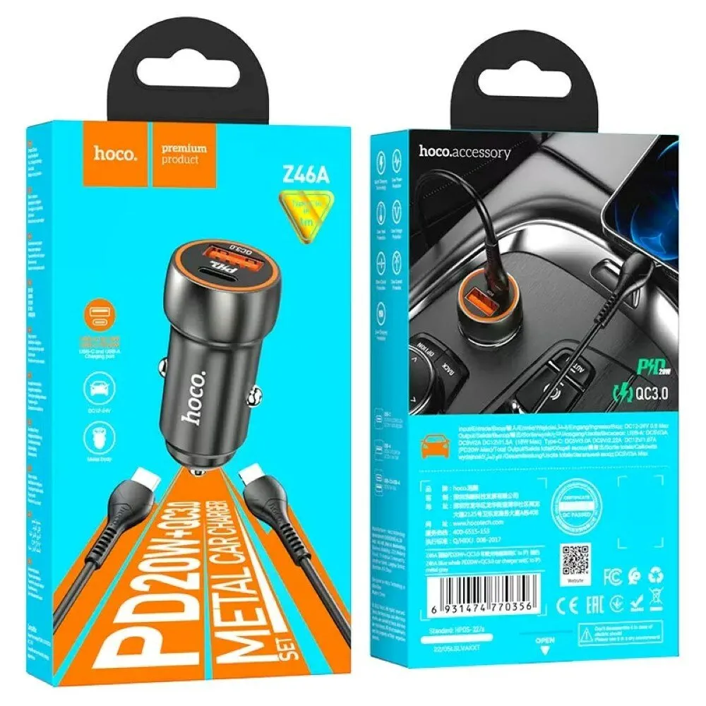 автозар. устр-во б/каб. hoco Z46A в упак 1USB+1TC PD20 QC3.0 18W