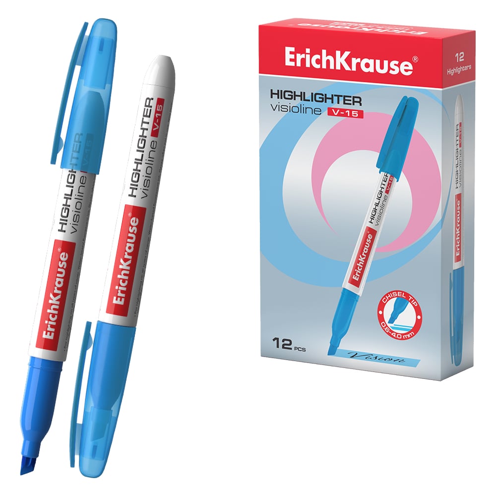 Текстмаркер ErichKrause Visioline V-12 Neon, цвет чернил голубой (в коробке-дисплее по 10 шт.)