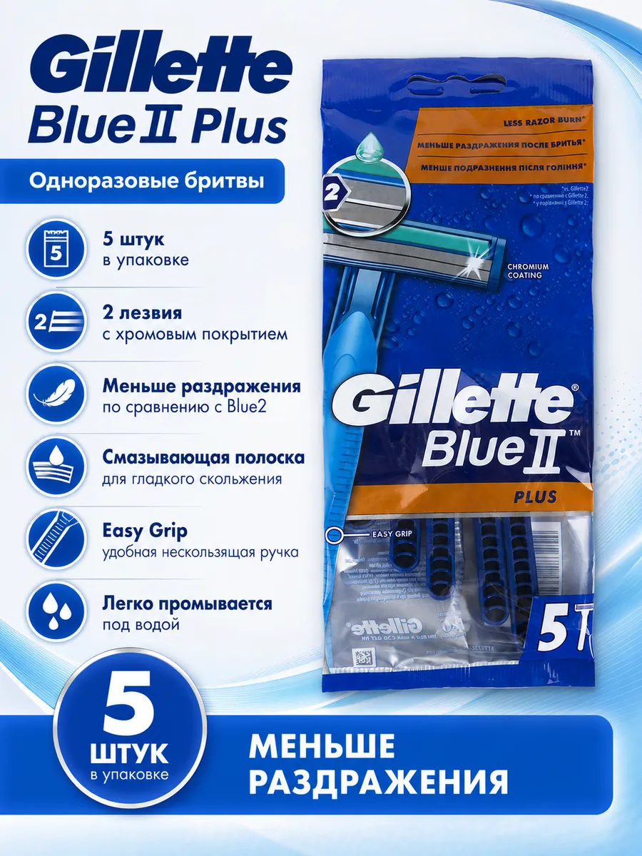 Станки для бритья однораз. "Gillette Blue 2 Plus" (5 шт) 2 лезвия c хромовым покрытием / увлажняющая