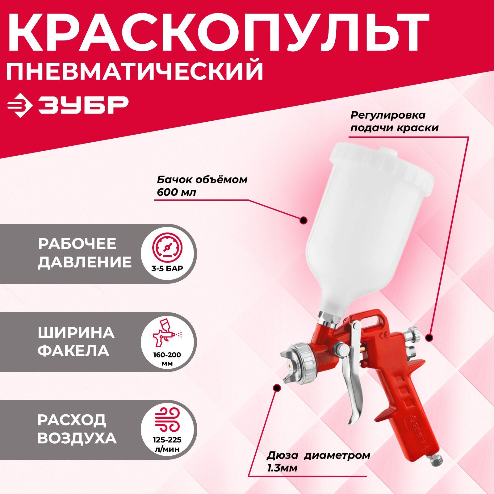 Краскопульт пневматический ЗУБР МАСТЕР МС 200 с верхним бачком 1,3мм