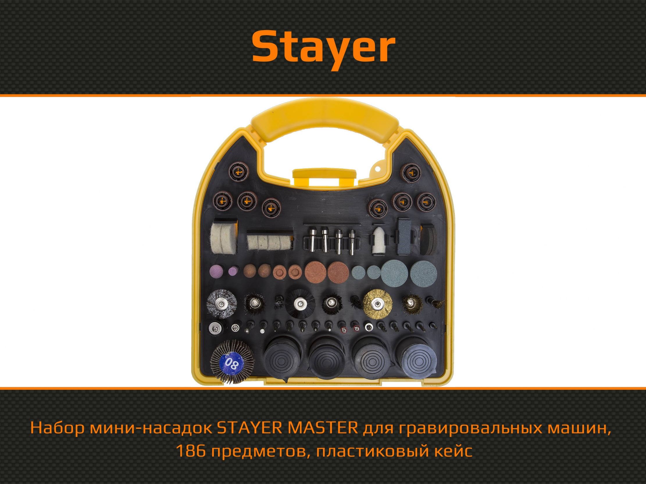 29900-H186 Набор мини-насадок STAYER "MASTER" для гравировальных машин, 186 предметов, пластиковый к