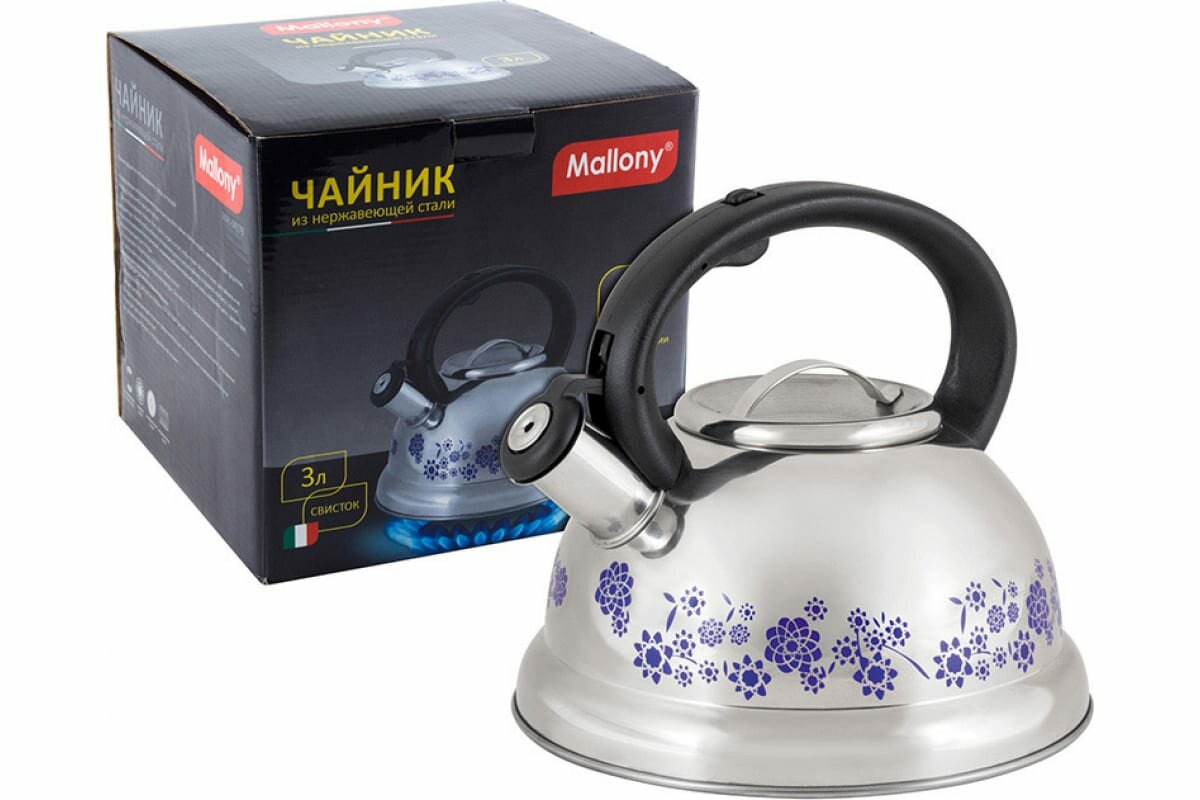 Чайник Mallony MAL-CITY01, 2,8л, co свистком 0,4мм, / руч. нейлон, меняет цвет при нагрев, метал