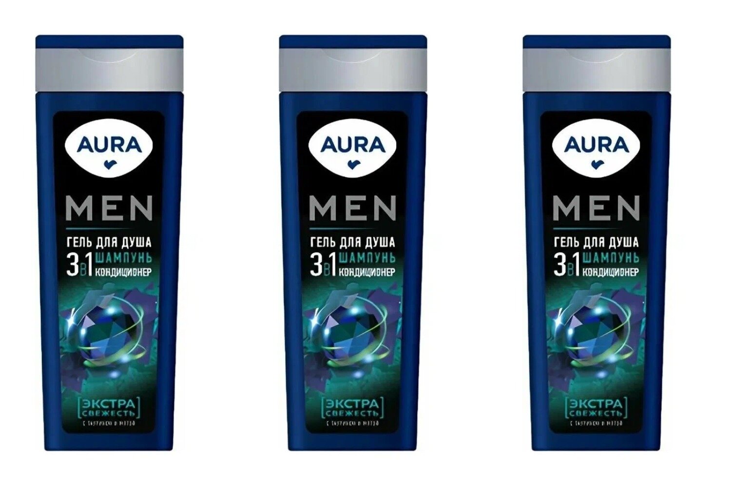 Шампунь-гель для душа и кондиционер МУЖСКОЙ 3 в1 "Aura Men" ФЛАКОН (380 мл) Экстра Свежесть / с таур