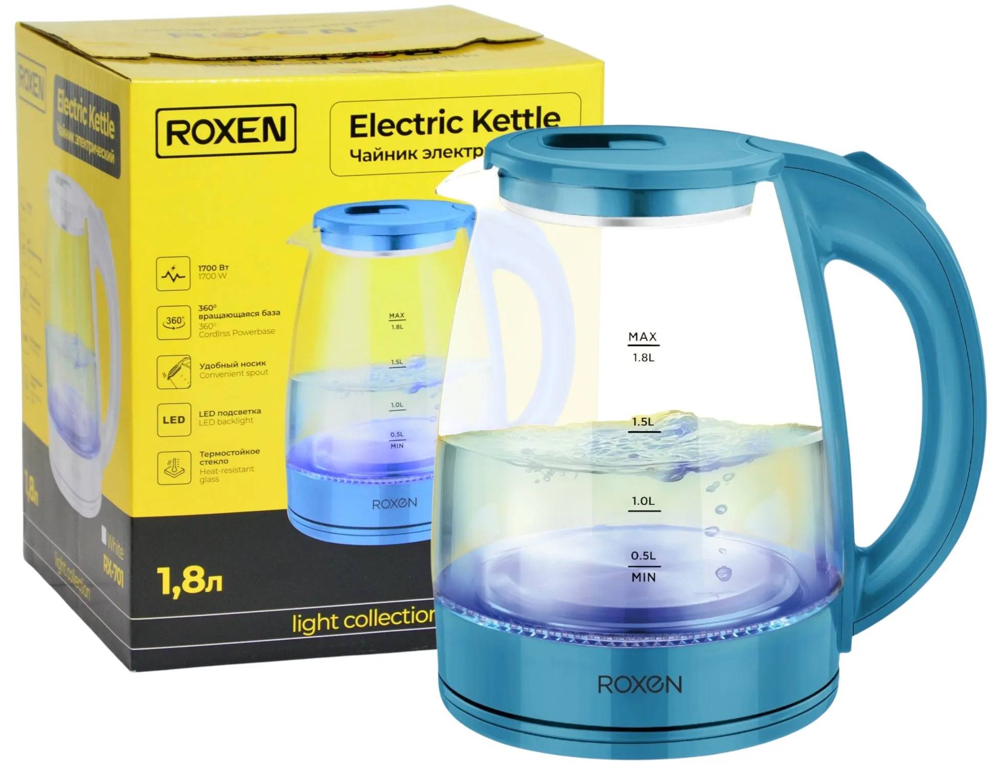 МБТ Чайник электрический ROXEN, стекло 1,8л RX-701 Breeze 1700Вт. (12)