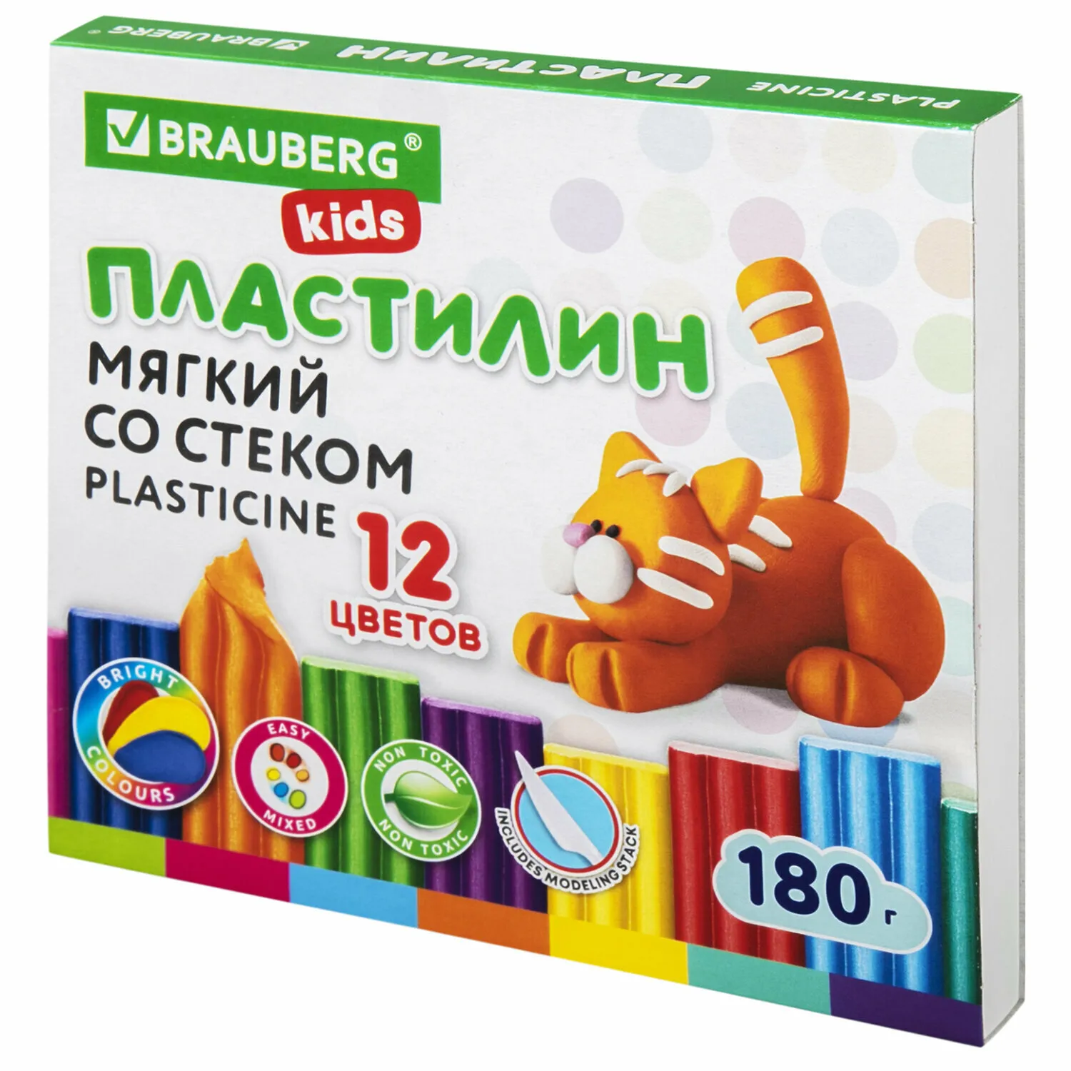 Пластилин 12 цветов, "BRAUBERG KIDS", мягкий восковой, со стеком, 106495