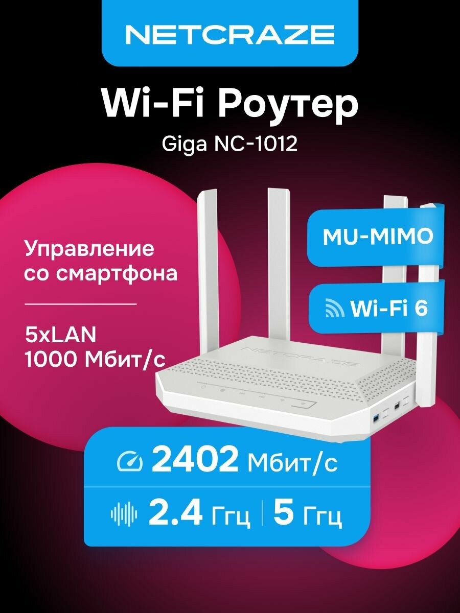 Netcraze NC-1012 Giga Маршрутизатор Мультигигабитный интернет-центр с Mesh Wi-Fi 6 AX3000, Smart-ком