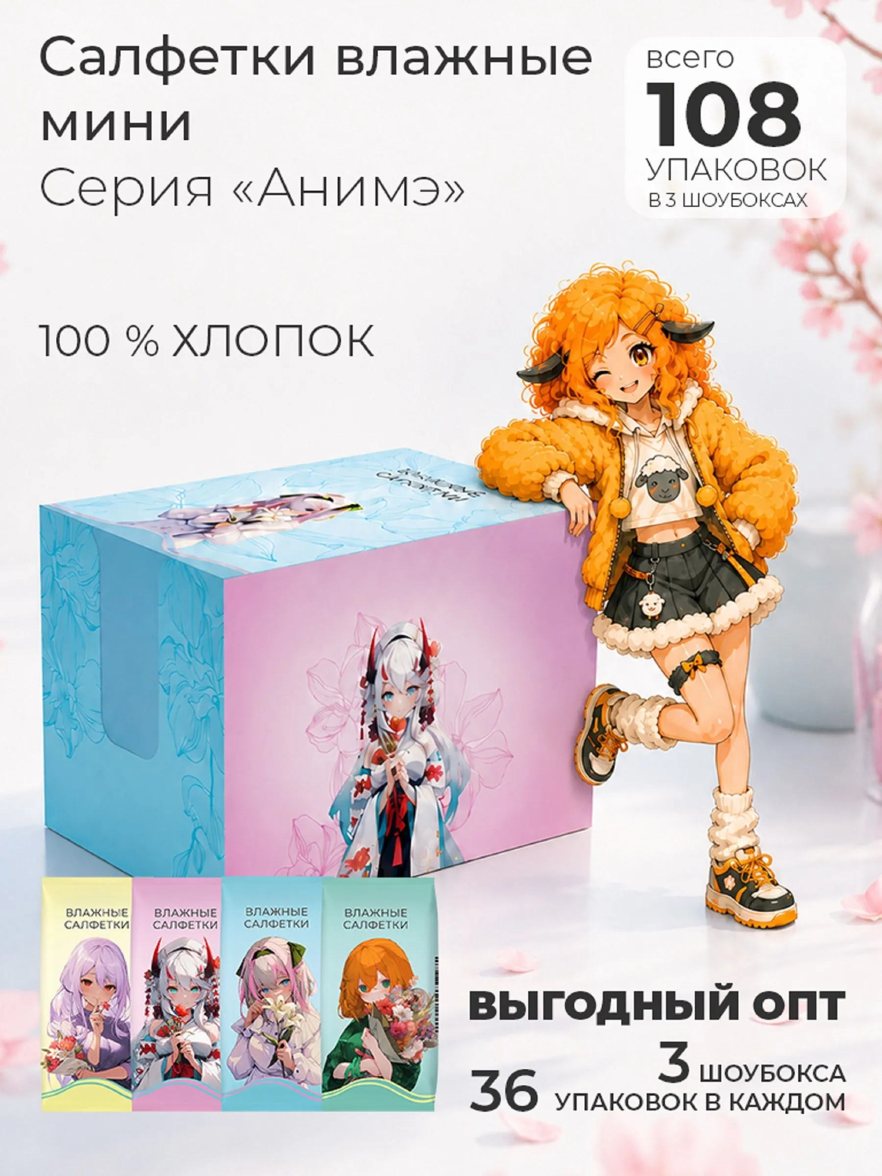 Салфетки ВЛАЖНЫЕ "Аниме" ШОУБОКС (36 * 8 шт) Универсальные / с Хлопком (3 шоубокса * 36 шт = 108 шт/