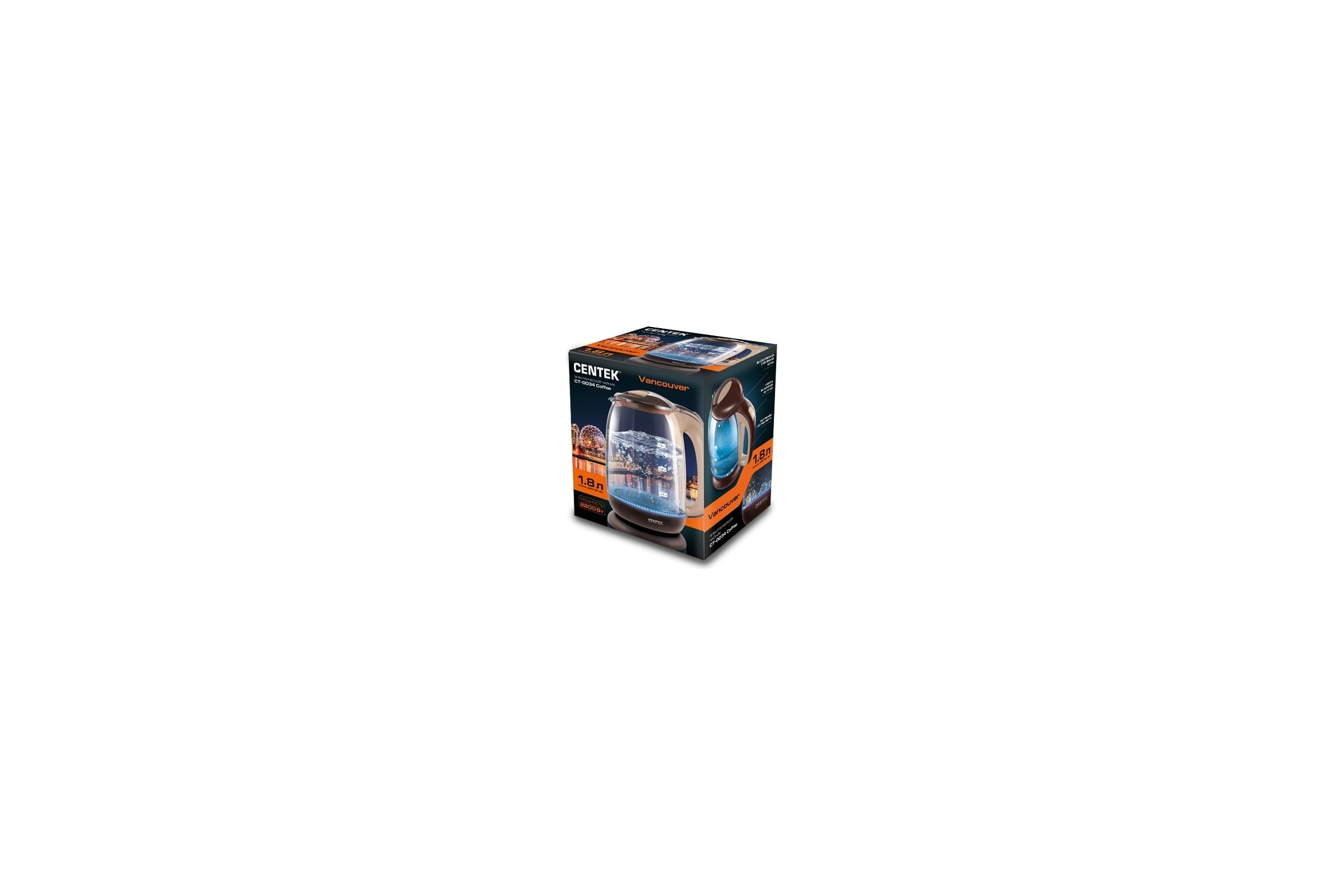 Чайник Centek CT-0034 Black <Vancouver> стекло, 1.8л, 2200Вт, внутренняя LED подсветка, кнопка