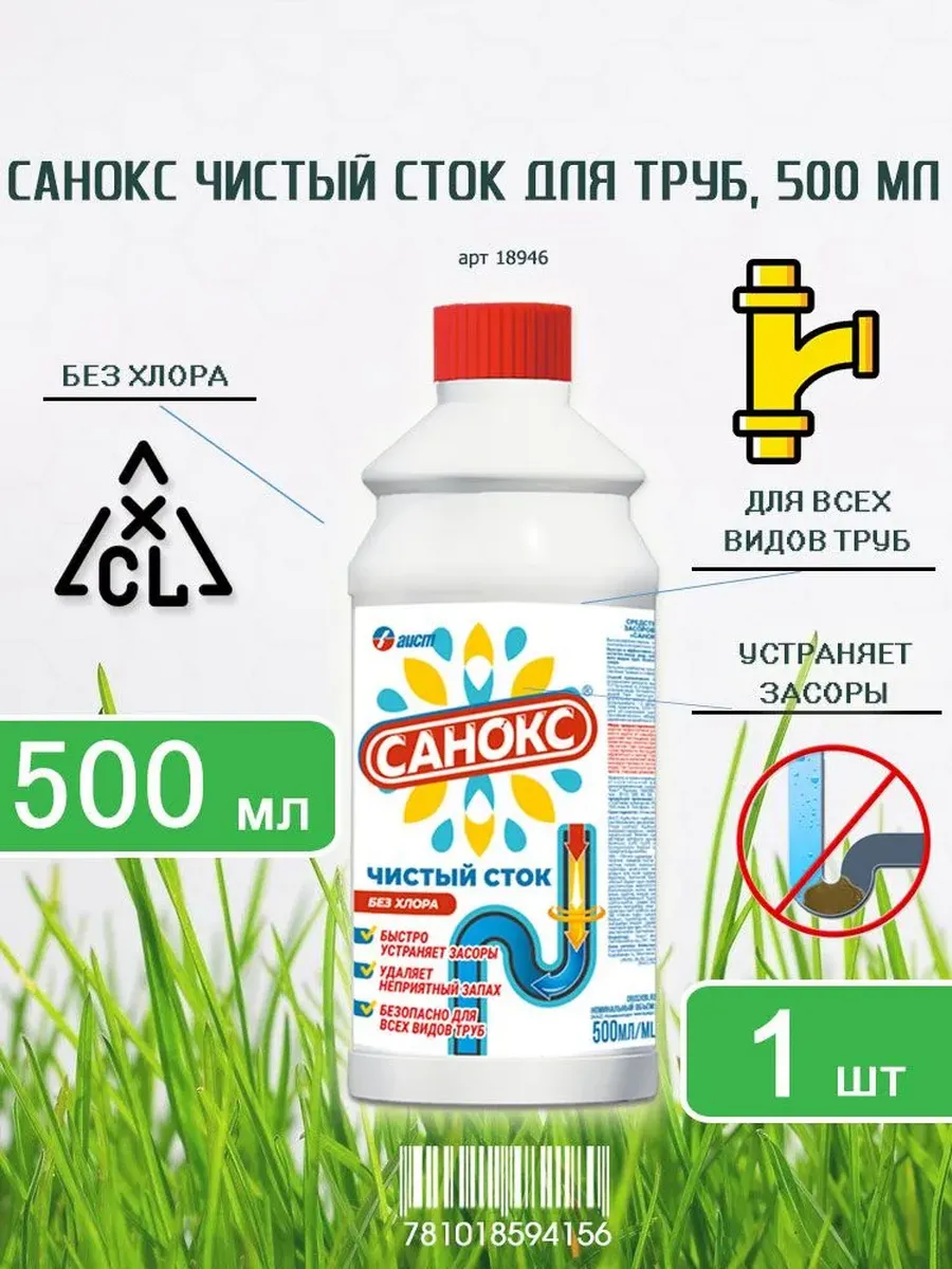 Средство от засоров для труб "Санокс" ЖИДКОЕ (500 мл) Чистый сток (15 шт/ящ)