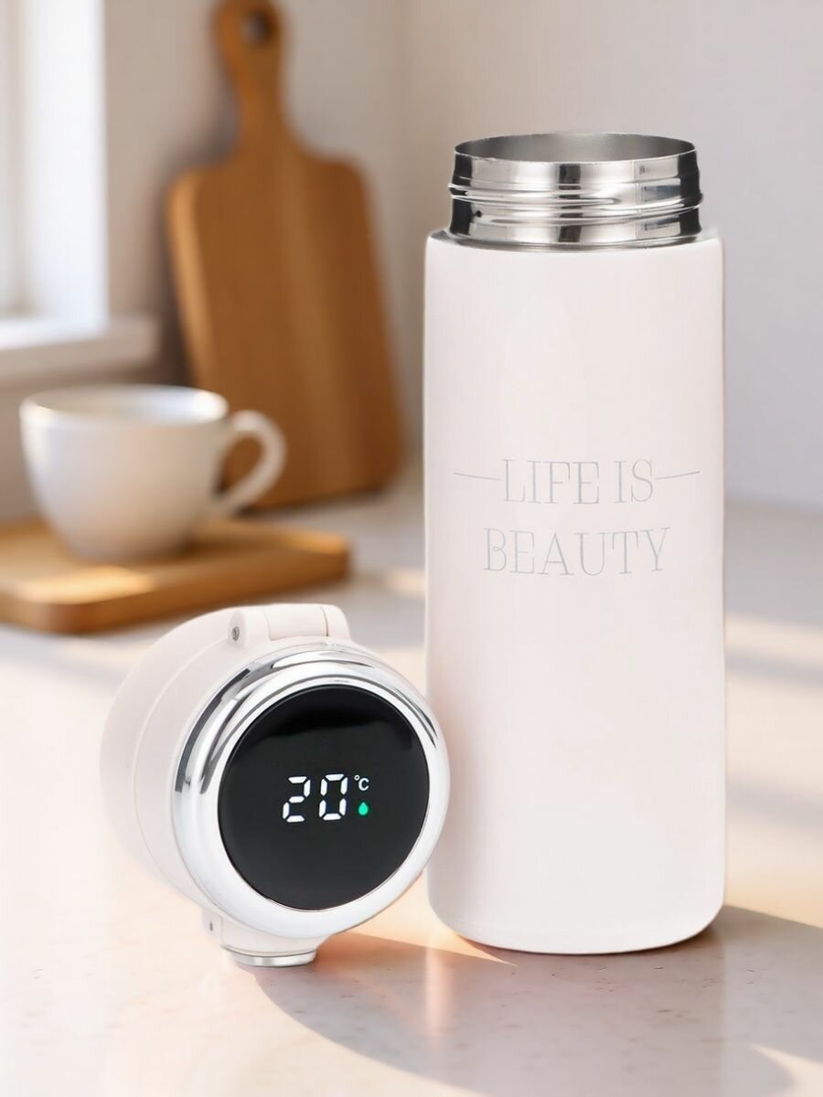 Термокружка, 420 мл, Simple Life is beauty, сохраняет тепло 8 ч, термометр 9445053