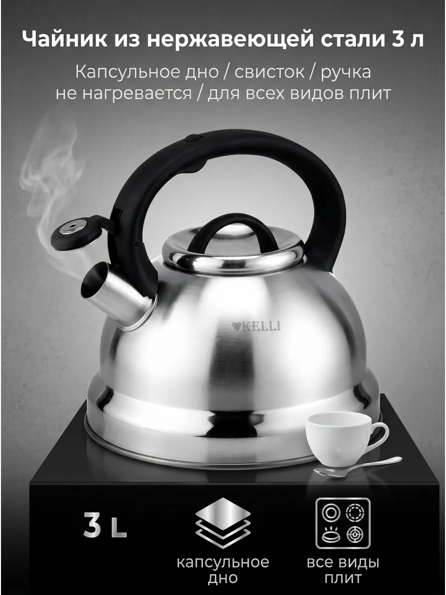 Чайник нерж 3л KL-4570 Черный (1x12) Kelli