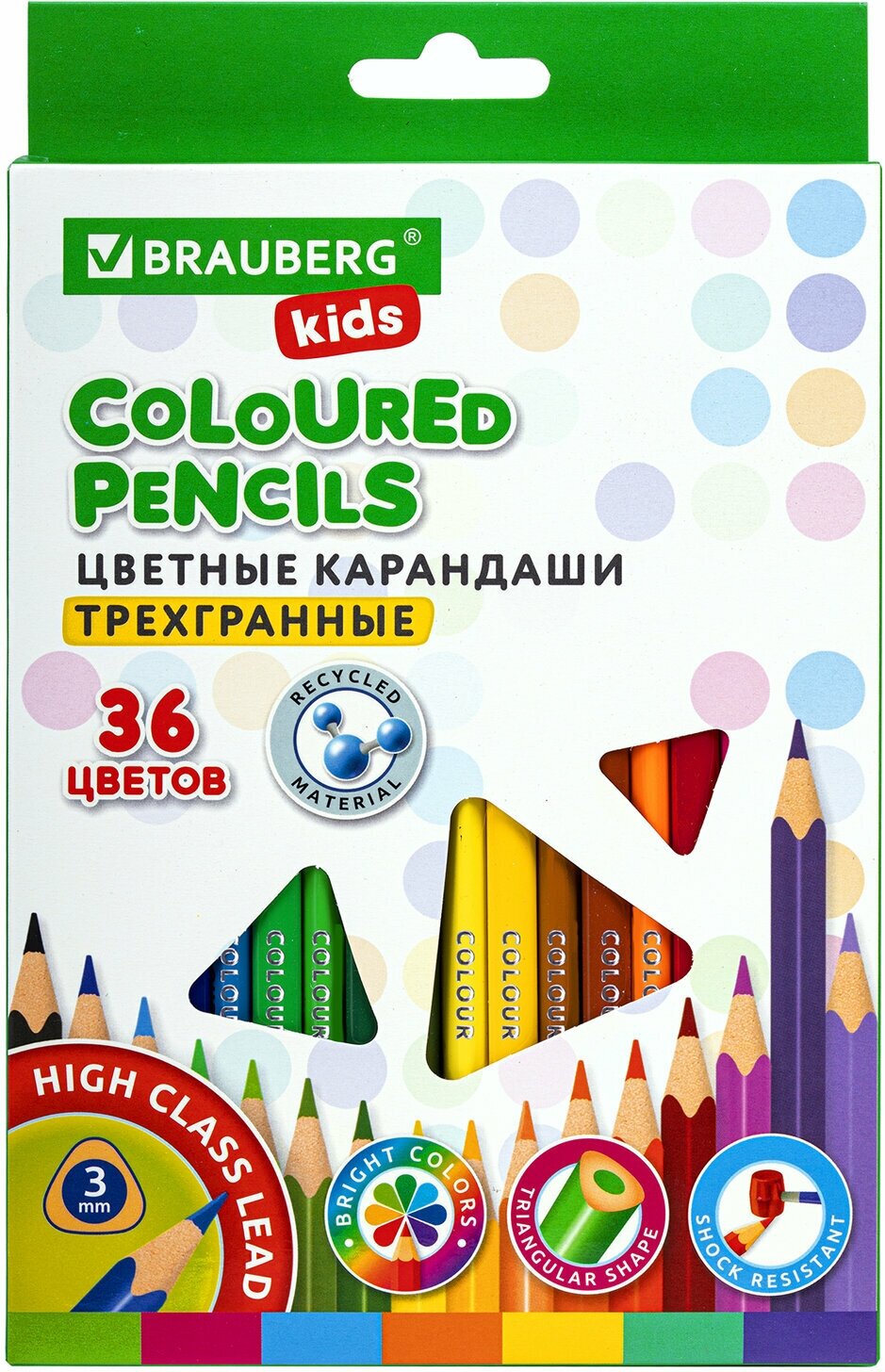 Карандаши цветные BRAUBERG KIDS, 36 цветов, трехгранный корпус, грифель мягкий 3 мм, 181945