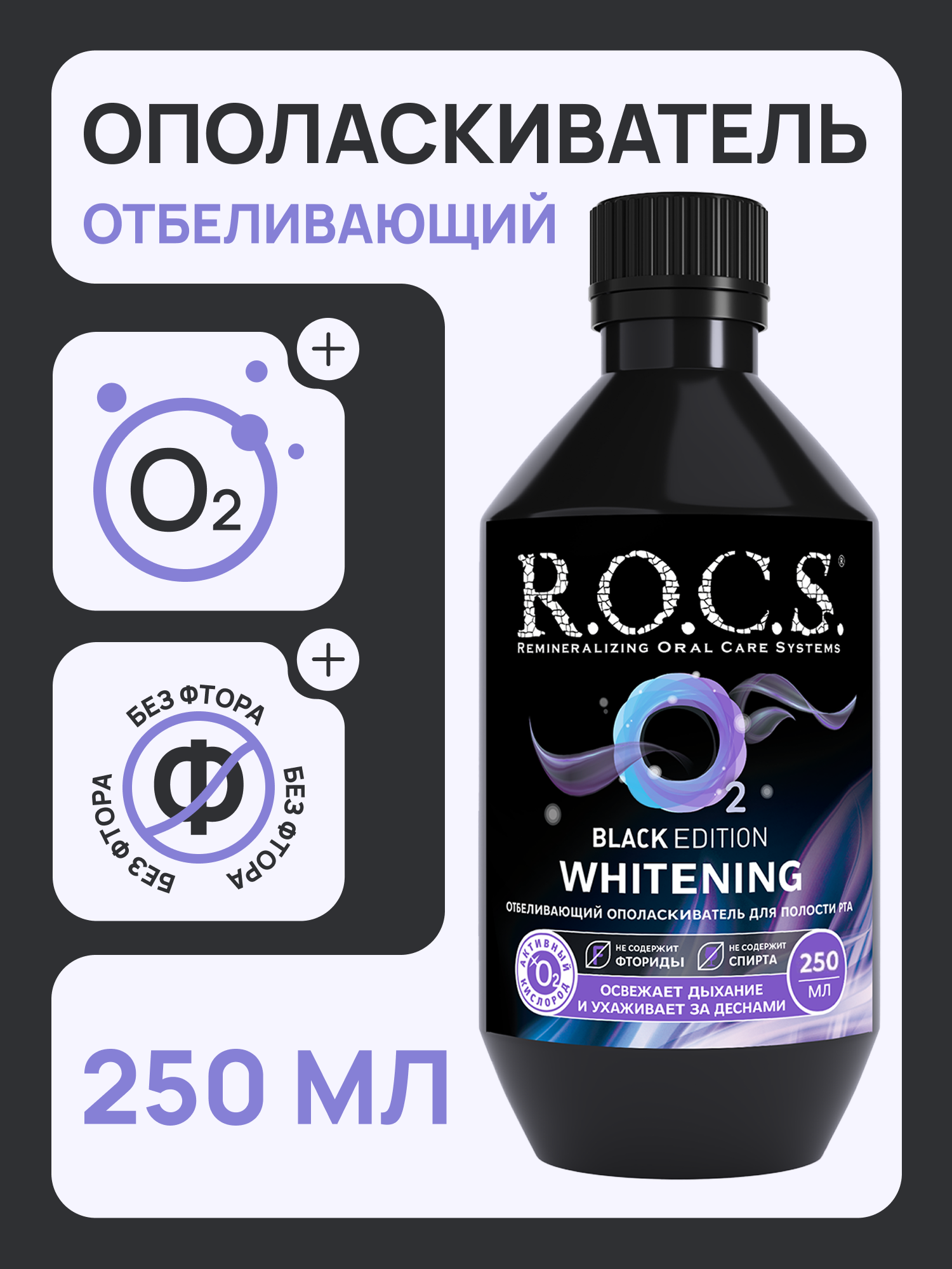 Ополаскиватель для полости рта "R.O.C.S." (250 мл) Отбеливающий / Black Edition / отбеливает эмаль н